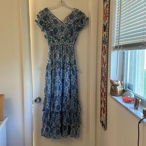 AQUA print maxi dress w ruffle accents. Beautiful blue w gold thread. Size Small